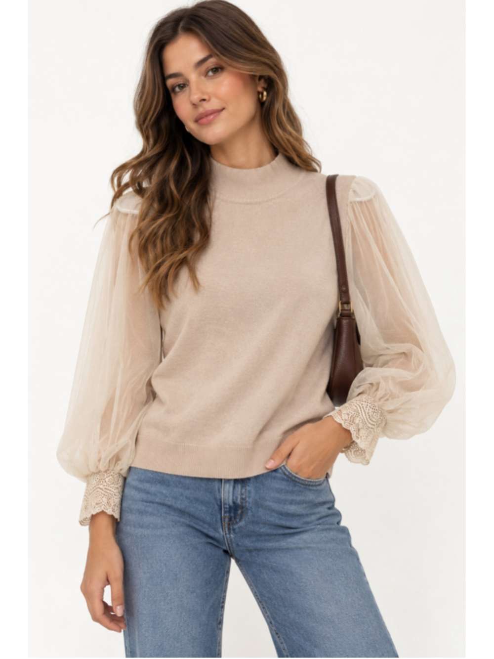 a...love story Cream Sheer Puff Sleeve Lace Cuff Sweater Top Size L